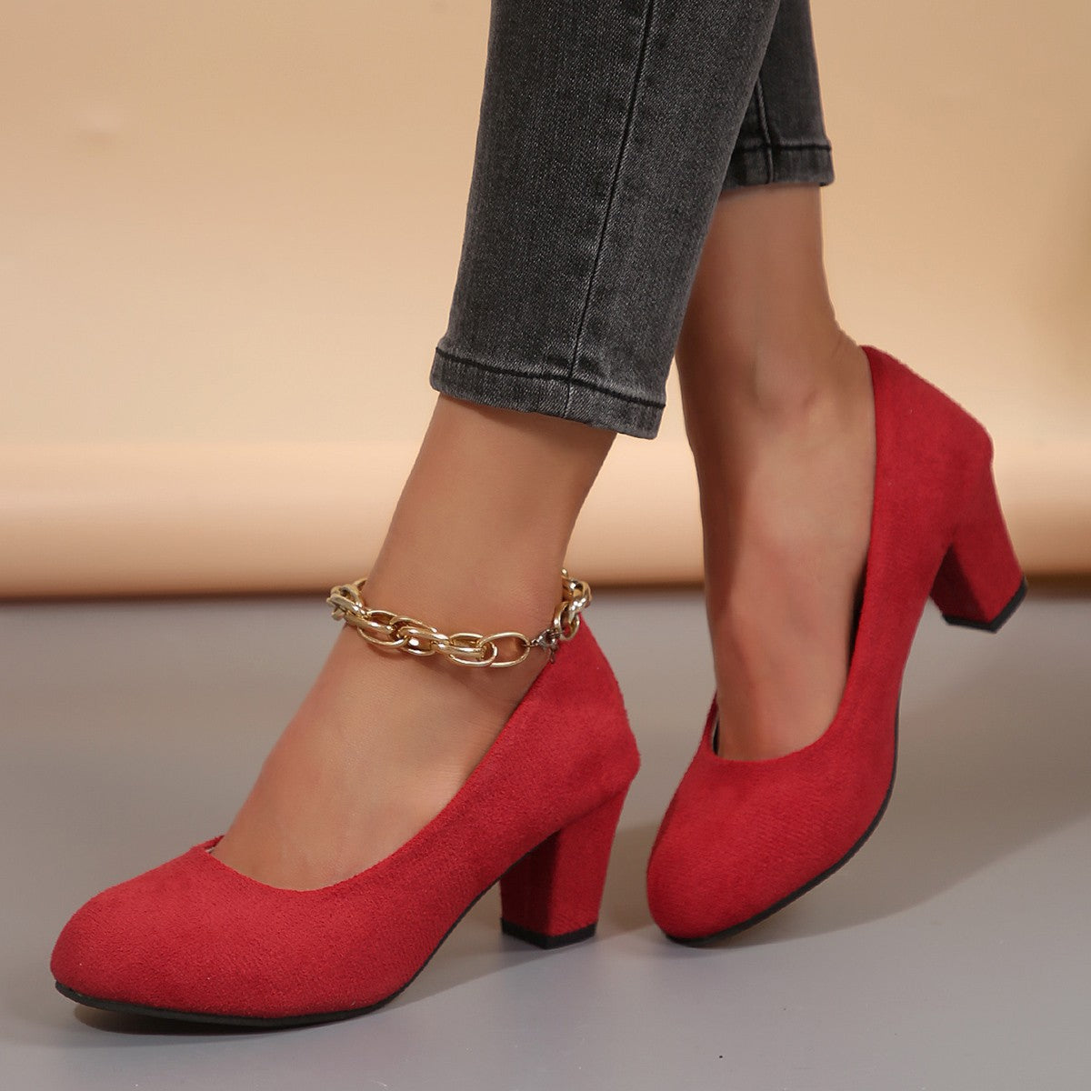 Autumn New Shallow Round Toe Thick Heel Slip-on Elegant High Heels