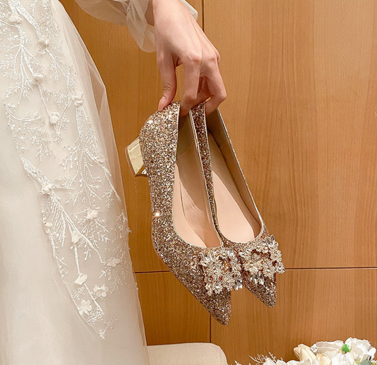 Silver French Style Mid Heel Ladies New Square Buckle Large Size Plus Sizes Pumps