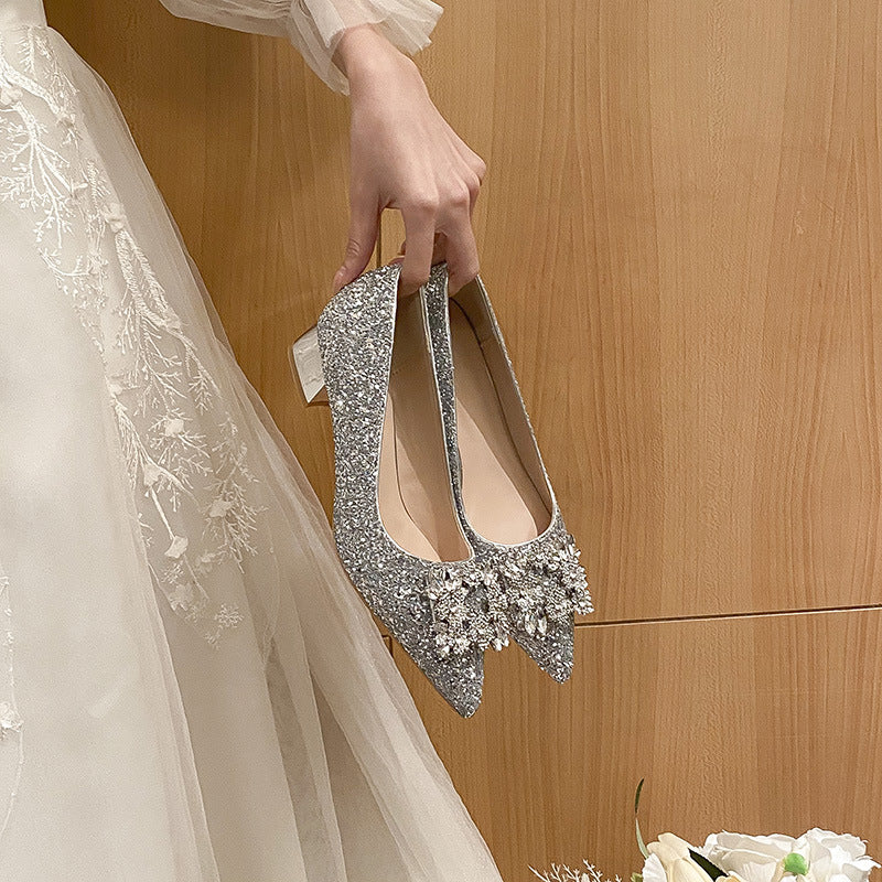 Silver French Style Mid Heel Ladies New Square Buckle Large Size Plus Sizes Pumps