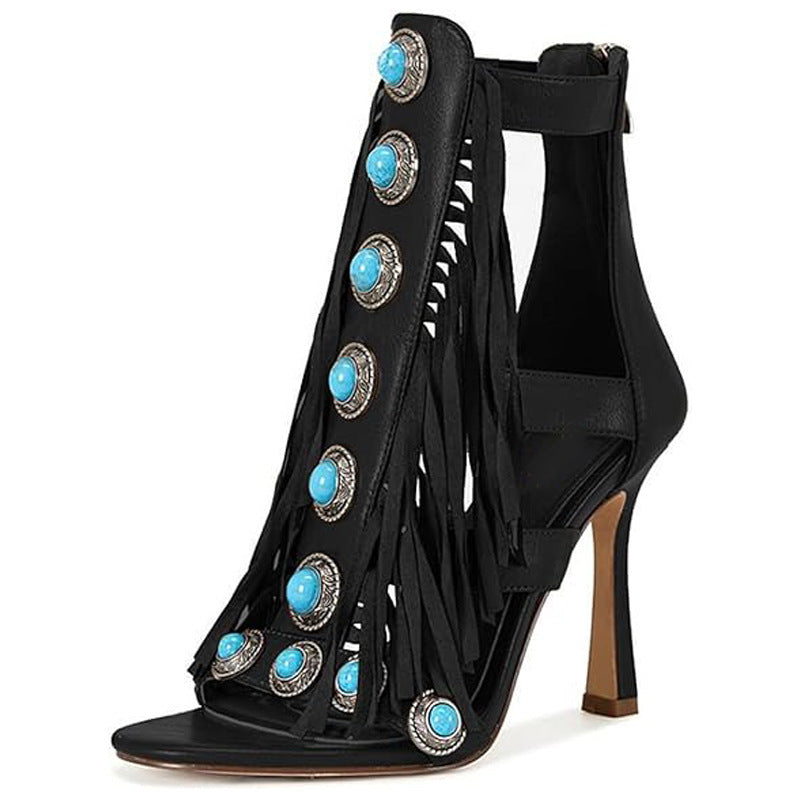 Women's Zipper Round Toe Hollow Tassel Sandals